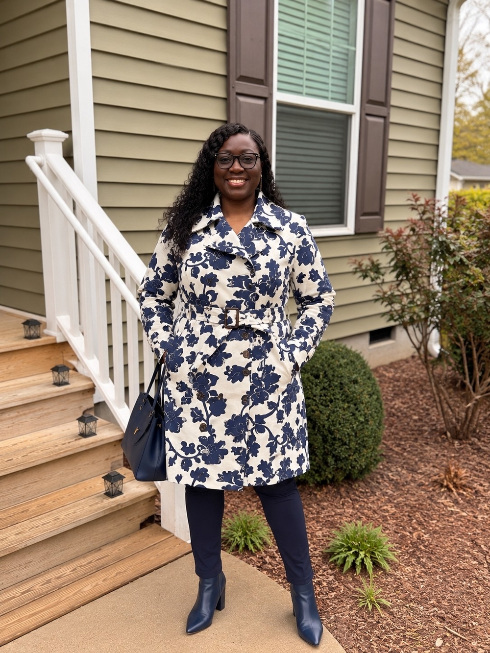 Merona Floral Trench Coat Navy White Belted Cotton Jacket Women's S